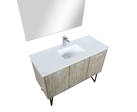 Lexora Lancy 48" Rustic Acacia Bathroom Vanity, White Quartz Top, White Square Sink, Monte Chrome Faucet Set, and 43" Frameless Mirror - Lexora - Ambient Home