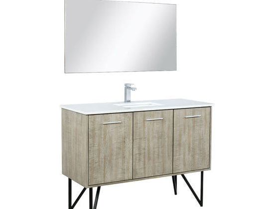 Lexora Lancy 48" Rustic Acacia Bathroom Vanity, White Quartz Top, White Square Sink, Balzani Gun Metal Faucet Set, and 43" Frameless Mirror - Lexora - Ambient Home