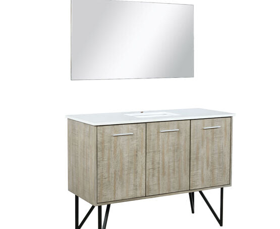 Lexora Lancy 48" Rustic Acacia Bathroom Vanity, White Quartz Top, White Square Sink, and 43" Frameless Mirror - Lexora - Ambient Home