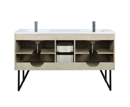 Lexora Lancy 60" Rustic Acacia Double Bathroom Vanity, White Quartz Top, White Square Sinks, and Labaro Brushed Nickel Faucet Set - Lexora - Ambient Home