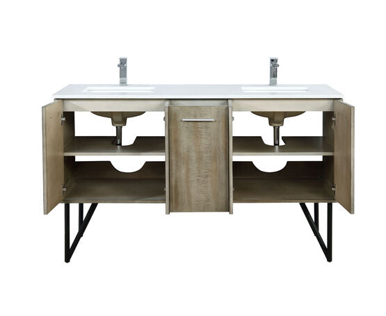 Lexora Lancy 60" Rustic Acacia Double Bathroom Vanity, White Quartz Top, White Square Sinks, and Labaro Brushed Nickel Faucet Set - Lexora - Ambient Home