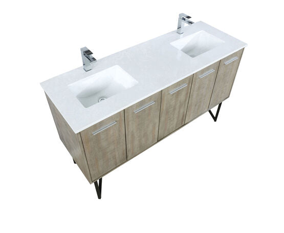 Lexora Lancy 60" Rustic Acacia Double Bathroom Vanity, White Quartz Top, White Square Sinks, and Labaro Brushed Nickel Faucet Set - Lexora - Ambient Home