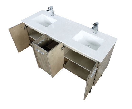 Lexora Lancy 60" Rustic Acacia Double Bathroom Vanity, White Quartz Top, White Square Sinks, and Labaro Brushed Nickel Faucet Set - Lexora - Ambient Home