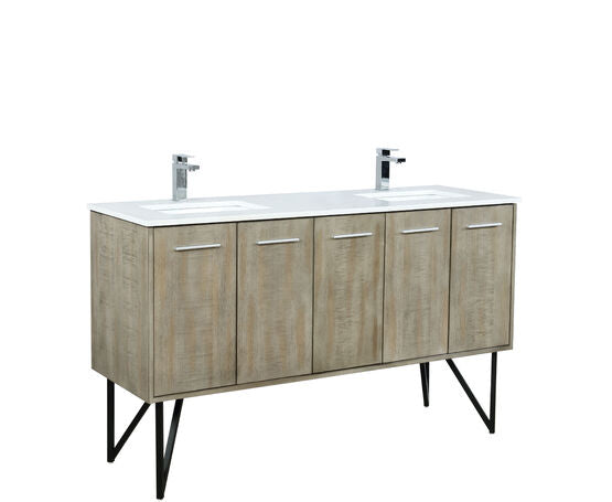 Lexora Lancy 60" Rustic Acacia Double Bathroom Vanity, White Quartz Top, White Square Sinks, and Labaro Brushed Nickel Faucet Set - Lexora - Ambient Home