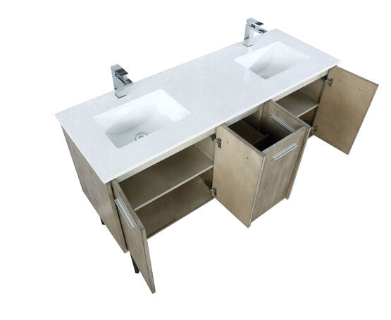 Lexora Lancy 60" Rustic Acacia Double Bathroom Vanity, White Quartz Top, White Square Sinks, and Monte Chrome Faucet Set - Lexora - Ambient Home