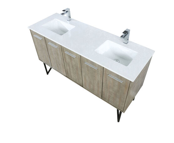 Lexora Lancy 60" Rustic Acacia Double Bathroom Vanity, White Quartz Top, White Square Sinks, and Monte Chrome Faucet Set - Lexora - Ambient Home