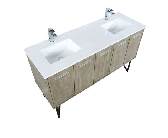 Lexora Lancy 60" Rustic Acacia Double Bathroom Vanity, White Quartz Top, White Square Sinks, and Balzani Gun Metal Faucet Set - Lexora - Ambient Home