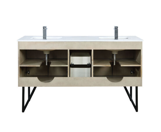 Lexora Lancy 60" Rustic Acacia Double Bathroom Vanity, White Quartz Top, White Square Sinks, Labaro Brushed Nickel Faucet Set, and 55" Frameless Mirror - Lexora - Ambient Home