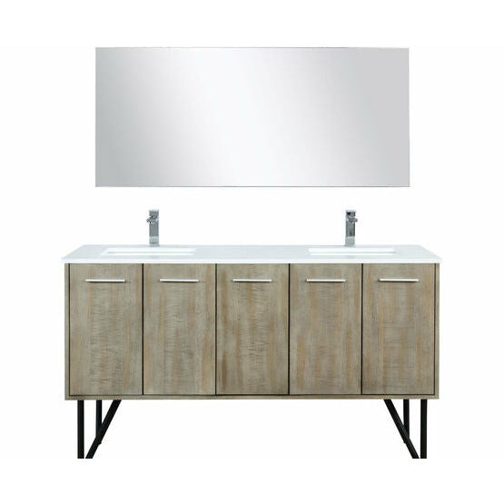 Lexora Lancy 60" Rustic Acacia Double Bathroom Vanity, White Quartz Top, White Square Sinks, Labaro Brushed Nickel Faucet Set, and 55" Frameless Mirror - Lexora - Ambient Home