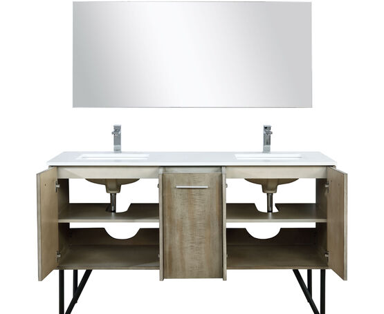 Lexora Lancy 60" Rustic Acacia Double Bathroom Vanity, White Quartz Top, White Square Sinks, Labaro Brushed Nickel Faucet Set, and 55" Frameless Mirror - Lexora - Ambient Home