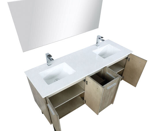 Lexora Lancy 60" Rustic Acacia Double Bathroom Vanity, White Quartz Top, White Square Sinks, Labaro Brushed Nickel Faucet Set, and 55" Frameless Mirror - Lexora - Ambient Home