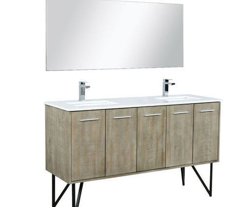 Lexora Lancy 60" Rustic Acacia Double Bathroom Vanity, White Quartz Top, White Square Sinks, Labaro Brushed Nickel Faucet Set, and 55" Frameless Mirror - Lexora - Ambient Home