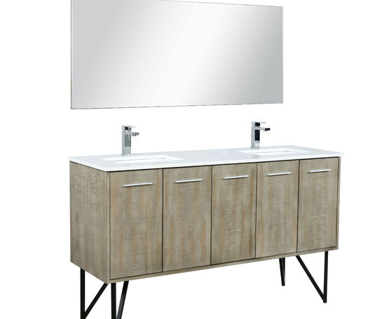 Lexora Lancy 60" Rustic Acacia Double Bathroom Vanity, White Quartz Top, White Square Sinks, Monte Chrome Faucet Set, and 55" Frameless Mirror - Lexora - Ambient Home