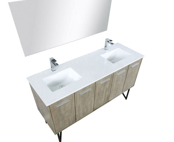 Lexora Lancy 60" Rustic Acacia Double Bathroom Vanity, White Quartz Top, White Square Sinks, Balzani Gun Metal Faucet Set, and 55" Frameless Mirror - Lexora - Ambient Home