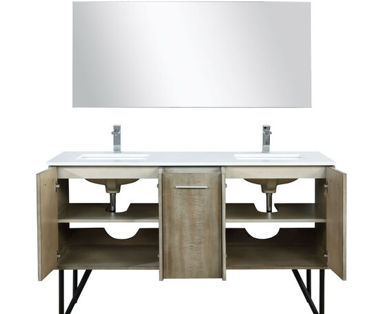 Lexora Lancy 60" Rustic Acacia Double Bathroom Vanity, White Quartz Top,White Square Sinks, Labaro Rose Gold Faucet Set, and 55" Frameless Mirror - Lexora - Ambient Home