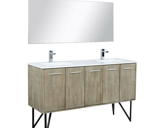 Lexora Lancy 60" Rustic Acacia Double Bathroom Vanity, White Quartz Top,White Square Sinks, Labaro Rose Gold Faucet Set, and 55" Frameless Mirror - Lexora - Ambient Home