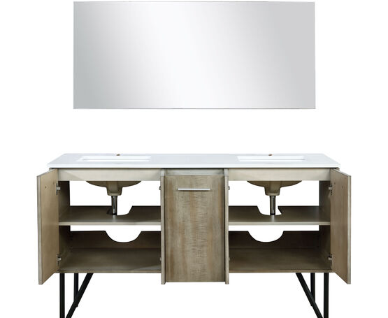 Lexora Lancy 60" Rustic Acacia Double Bathroom Vanity, White Quartz Top, White Square Sinks, and 55" Frameless Mirror - Lexora - Ambient Home