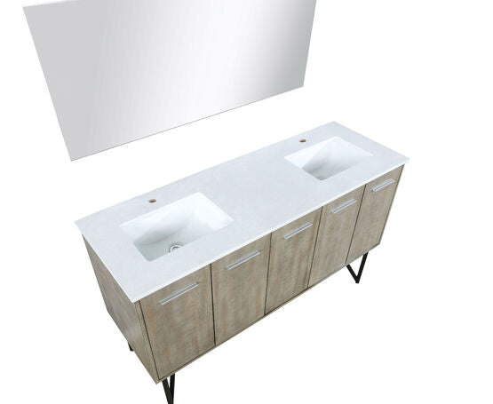 Lexora Lancy 60" Rustic Acacia Double Bathroom Vanity, White Quartz Top, White Square Sinks, and 55" Frameless Mirror - Lexora - Ambient Home