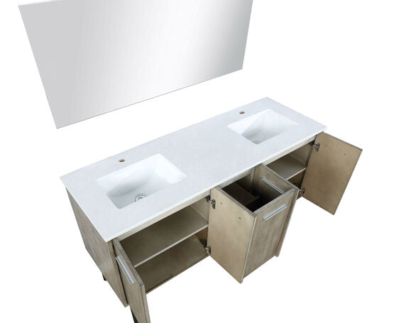 Lexora Lancy 60" Rustic Acacia Double Bathroom Vanity, White Quartz Top, White Square Sinks, and 55" Frameless Mirror - Lexora - Ambient Home