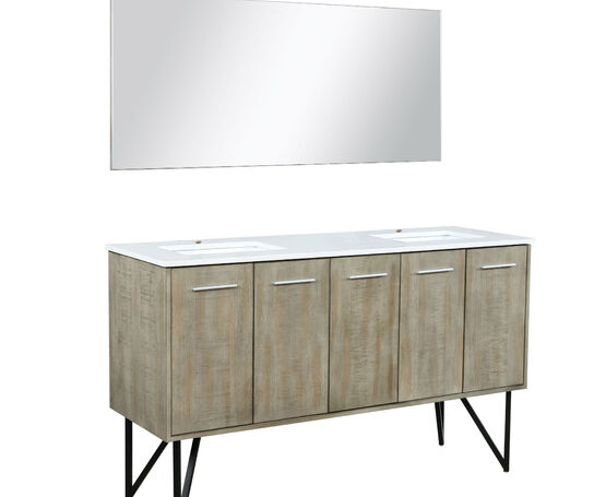 Lexora Lancy 60" Rustic Acacia Double Bathroom Vanity, White Quartz Top, White Square Sinks, and 55" Frameless Mirror - Lexora - Ambient Home