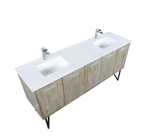 Lexora Lancy 72" Rustic Acacia Double Bathroom Vanity, White Quartz Top, White Square Sinks, and Labaro Brushed Nickel Faucet Set - Lexora - Ambient Home