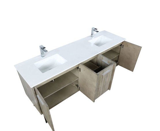 Lexora Lancy 72" Rustic Acacia Double Bathroom Vanity, White Quartz Top, White Square Sinks, and Labaro Brushed Nickel Faucet Set - Lexora - Ambient Home