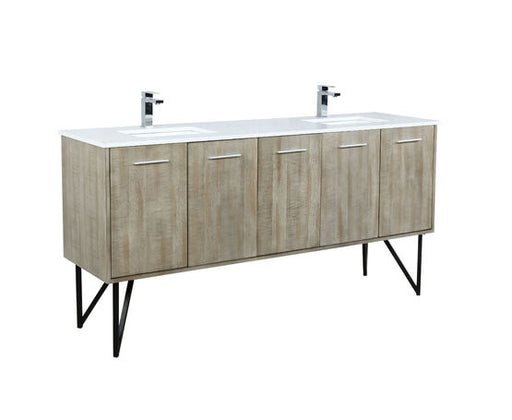 Lexora Lancy 72" Rustic Acacia Double Bathroom Vanity, White Quartz Top, White Square Sinks, and Labaro Brushed Nickel Faucet Set - Lexora - Ambient Home