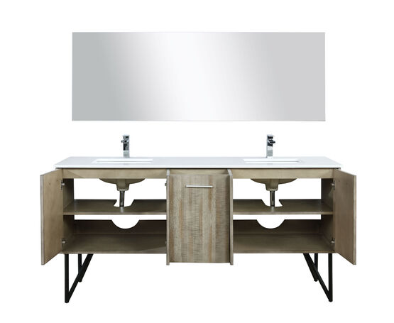 Lexora Lancy 72" Rustic Acacia Double Bathroom Vanity, White Quartz Top, White Square Sinks, Labaro Brushed Nickel Faucet Set, and 70" Frameless Mirror - Lexora - Ambient Home