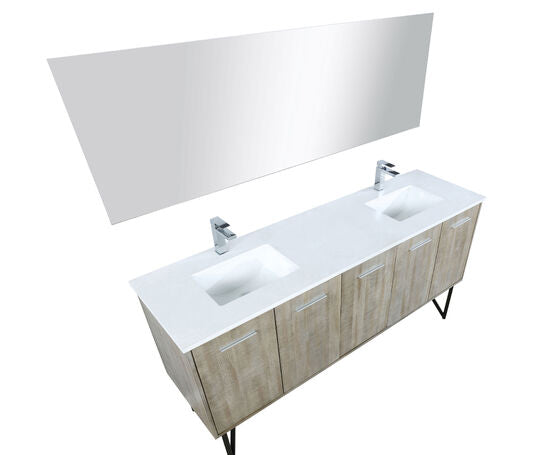 Lexora Lancy 72" Rustic Acacia Double Bathroom Vanity, White Quartz Top, White Square Sinks, Labaro Brushed Nickel Faucet Set, and 70" Frameless Mirror - Lexora - Ambient Home