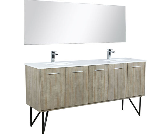 Lexora Lancy 72" Rustic Acacia Double Bathroom Vanity, White Quartz Top, White Square Sinks, Labaro Brushed Nickel Faucet Set, and 70" Frameless Mirror - Lexora - Ambient Home