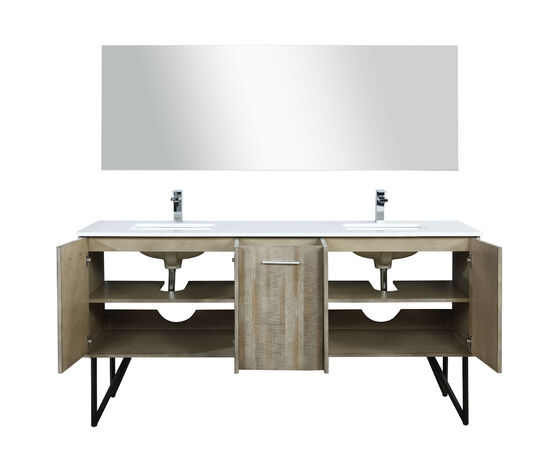 Lexora Lancy 72" Rustic Acacia Double Bathroom Vanity, White Quartz Top, White Square Sinks, Monte Chrome Faucet Set, and 70" Frameless Mirror - Lexora - Ambient Home