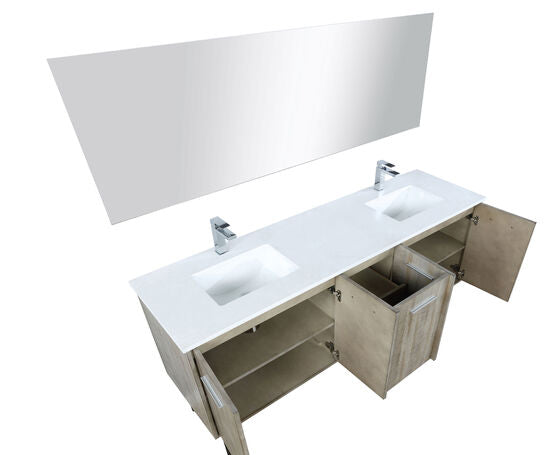 Lexora Lancy 72" Rustic Acacia Double Bathroom Vanity, White Quartz Top, White Square Sinks, Monte Chrome Faucet Set, and 70" Frameless Mirror - Lexora - Ambient Home