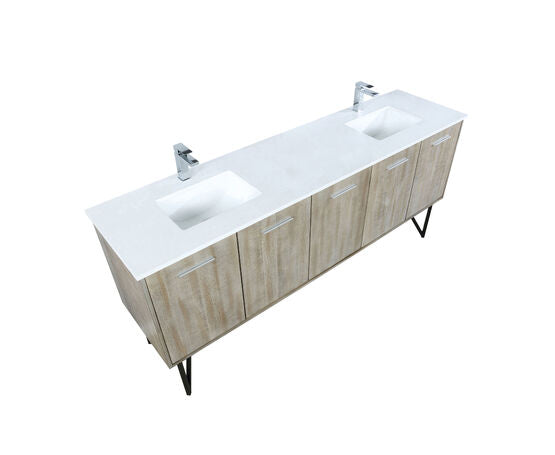 Lexora Lancy 80" Rustic Acacia Double Bathroom Vanity, White Quartz Top, White Square Sinks, and Labaro Brushed Nickel Faucet Set - Lexora - Ambient Home