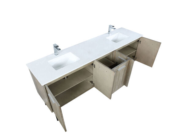 Lexora Lancy 80" Rustic Acacia Double Bathroom Vanity, White Quartz Top, White Square Sinks, and Labaro Brushed Nickel Faucet Set - Lexora - Ambient Home