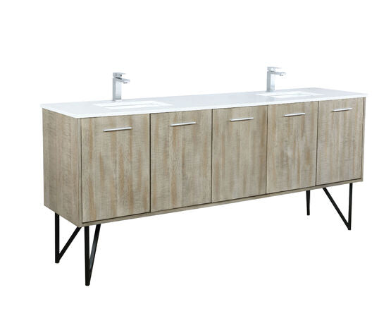 Lexora Lancy 80" Rustic Acacia Double Bathroom Vanity, White Quartz Top, White Square Sinks, and Labaro Brushed Nickel Faucet Set - Lexora - Ambient Home