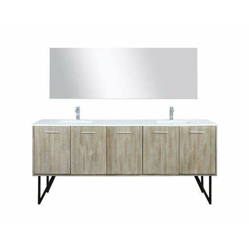 Lexora Lancy 80" Rustic Acacia Double Bathroom Vanity, White Quartz Top, White Square Sinks, Labaro Brushed Nickel Faucet Set, and 70" Frameless Mirror - Lexora - Ambient Home