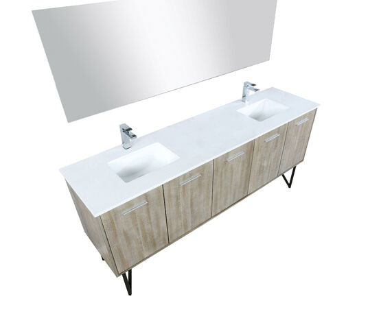 Lexora Lancy 80" Rustic Acacia Double Bathroom Vanity, White Quartz Top, White Square Sinks, Labaro Brushed Nickel Faucet Set, and 70" Frameless Mirror - Lexora - Ambient Home