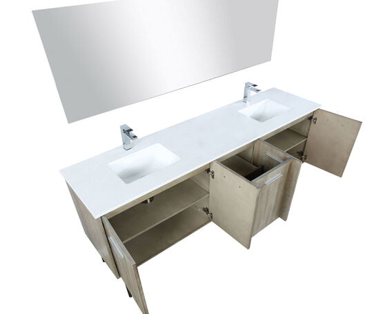 Lexora Lancy 80" Rustic Acacia Double Bathroom Vanity, White Quartz Top, White Square Sinks, Labaro Brushed Nickel Faucet Set, and 70" Frameless Mirror - Lexora - Ambient Home