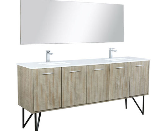 Lexora Lancy 80" Rustic Acacia Double Bathroom Vanity, White Quartz Top, White Square Sinks, Labaro Brushed Nickel Faucet Set, and 70" Frameless Mirror - Lexora - Ambient Home