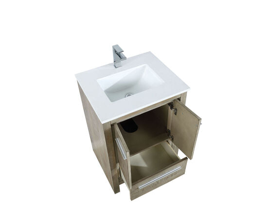 Lexora Lafarre 24" Rustic Acacia Bathroom Vanity, White Quartz Top, White Square Sink, and Labaro Brushed Nickel Faucet Set - Lexora - Ambient Home