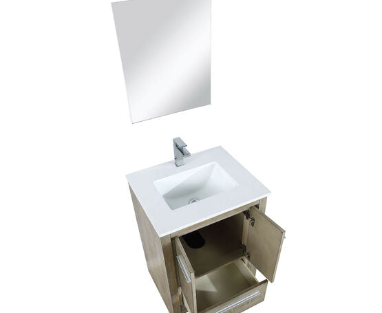 Lexora Lafarre 24" Rustic Acacia Bathroom Vanity, White Quartz Top, White Square Sink, Labaro Brushed Nickel Faucet Set, and 18" Frameless Mirror - Lexora - Ambient Home