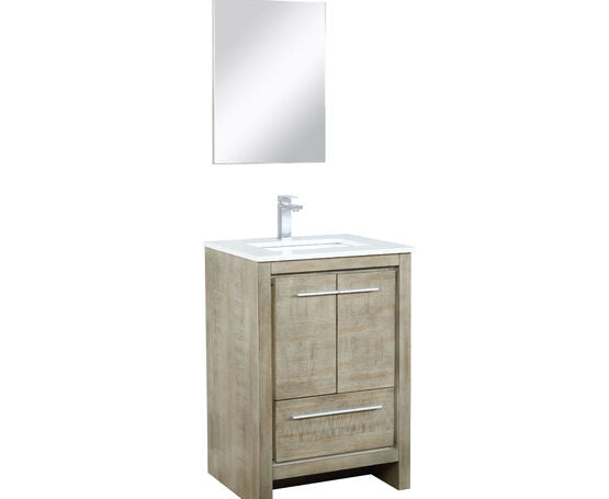 Lexora Lafarre 24" Rustic Acacia Bathroom Vanity, White Quartz Top, White Square Sink, Labaro Brushed Nickel Faucet Set, and 18" Frameless Mirror - Lexora - Ambient Home