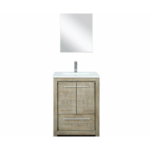 Lexora Lafarre 24" Rustic Acacia Bathroom Vanity, White Quartz Top, White Square Sink, Balzani Gun Metal Faucet Set, and 18" Frameless Mirror - Lexora - Ambient Home