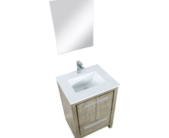 Lexora Lafarre 24" Rustic Acacia Bathroom Vanity, White Quartz Top, White Square Sink, Balzani Gun Metal Faucet Set, and 18" Frameless Mirror - Lexora - Ambient Home