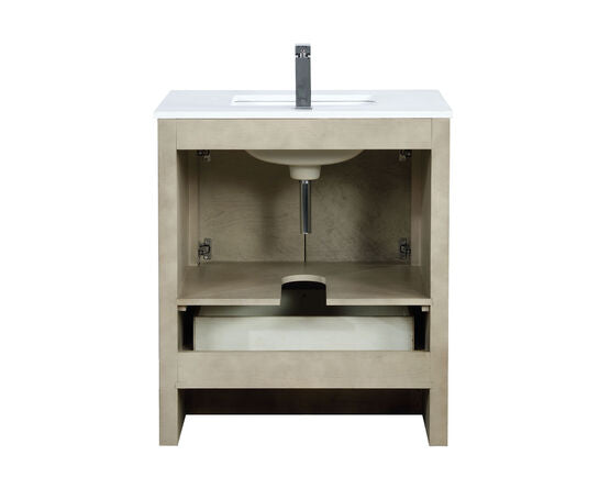 Lexora Lafarre 30" Rustic Acacia Bathroom Vanity, White Quartz Top, White Square Sink, and Labaro Brushed Nickel Faucet Set - Lexora - Ambient Home