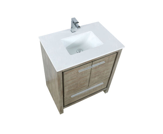 Lexora Lafarre 30" Rustic Acacia Bathroom Vanity, White Quartz Top, White Square Sink, and Labaro Brushed Nickel Faucet Set - Lexora - Ambient Home