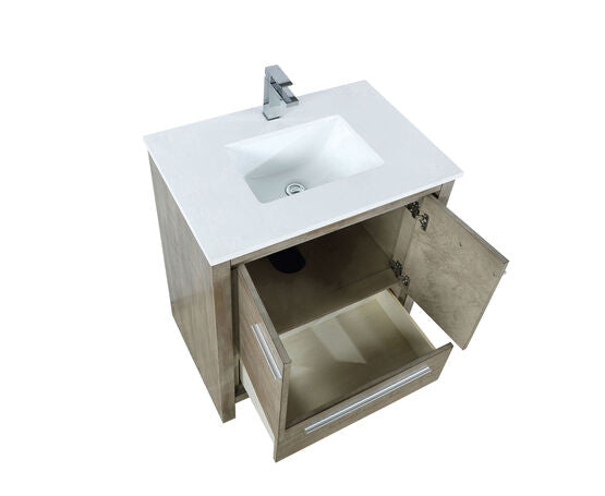 Lexora Lafarre 30" Rustic Acacia Bathroom Vanity, White Quartz Top, White Square Sink, and Labaro Brushed Nickel Faucet Set - Lexora - Ambient Home