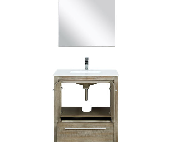 Lexora Lafarre 30" Rustic Acacia Bathroom Vanity, White Quartz Top, White Square Sink, Labaro Brushed Nickel Faucet Set, and 28" Frameless Mirror - Lexora - Ambient Home