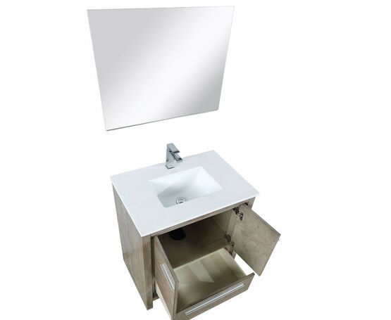 Lexora Lafarre 30" Rustic Acacia Bathroom Vanity, White Quartz Top, White Square Sink, Labaro Brushed Nickel Faucet Set, and 28" Frameless Mirror - Lexora - Ambient Home