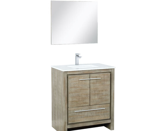 Lexora Lafarre 30" Rustic Acacia Bathroom Vanity, White Quartz Top, White Square Sink, Labaro Brushed Nickel Faucet Set, and 28" Frameless Mirror - Lexora - Ambient Home